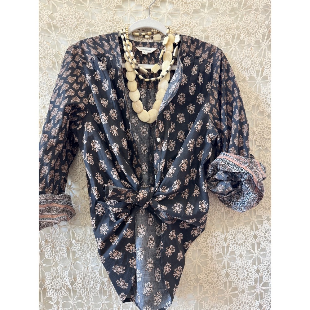 Lucky Brand Boho Block Print Long Sleeve Peasant Top Sz‎ M
